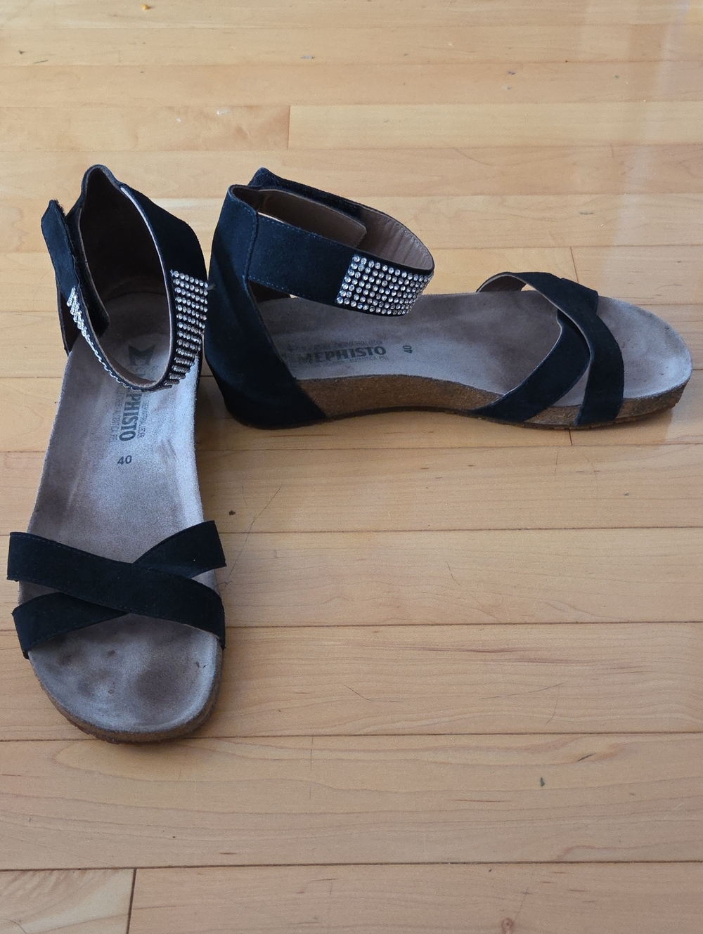 Nearly New Mephisto Black Suede & Cork Ankle-Strap Sandals w Rhinestone Detail